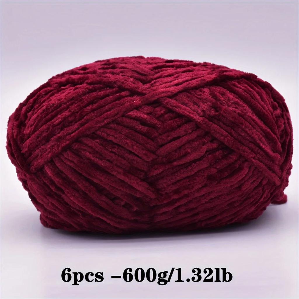 6-Pack Soft Chenille Velvet Yarn, 100g Each, 100% Polyester, Assorted Colors, for Crocheting Sweaters, Coats and DIY Crafts