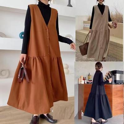 Large V-neck Sleeveless Single Breasted Vest Dress for Women Casual Patchwork Dress
