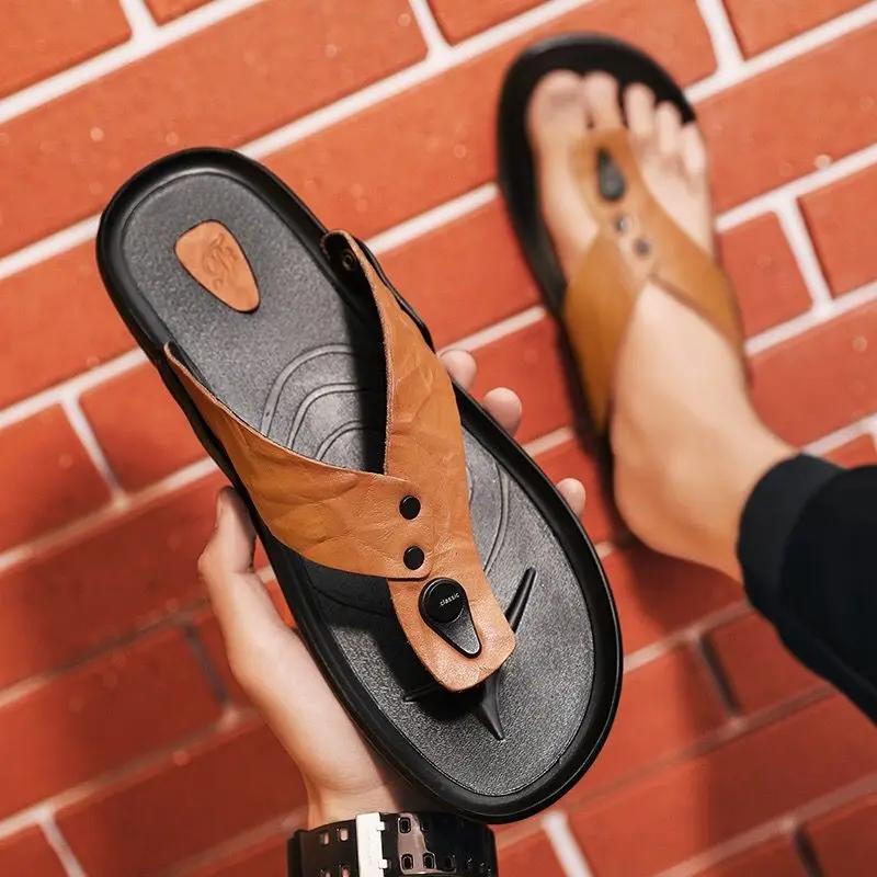 Fashion Flat Flip Flops Genuine Leathe Shoes Shiatsu Sandals Man Fun Casual Designer Luxury Mascullino 2025 Style Eva Slippers for Men
