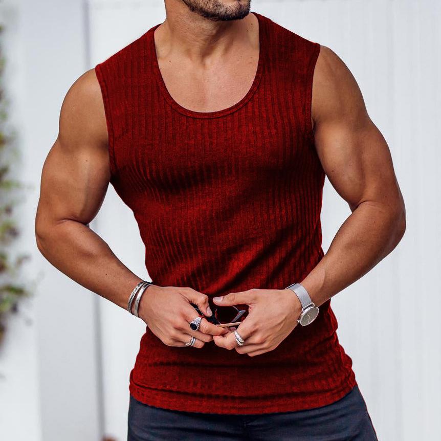 Rib Knitted Man Vests Summer Casual O-Neck Sleeveless Slim Stretch Sporty Tank Muscle Tops Fitness Clothing