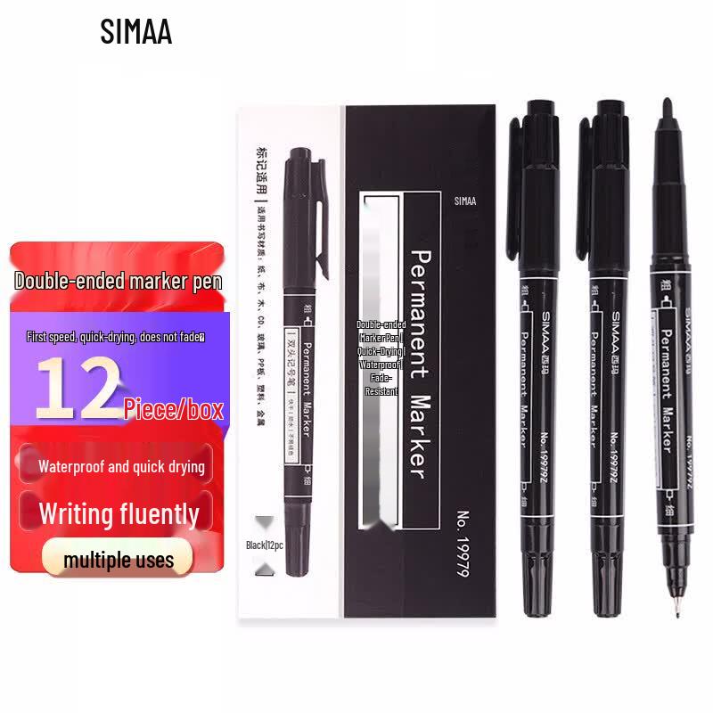 SIMAA Dual-Tip Multi-Purpose Marker Pen - Black (12 Pack)