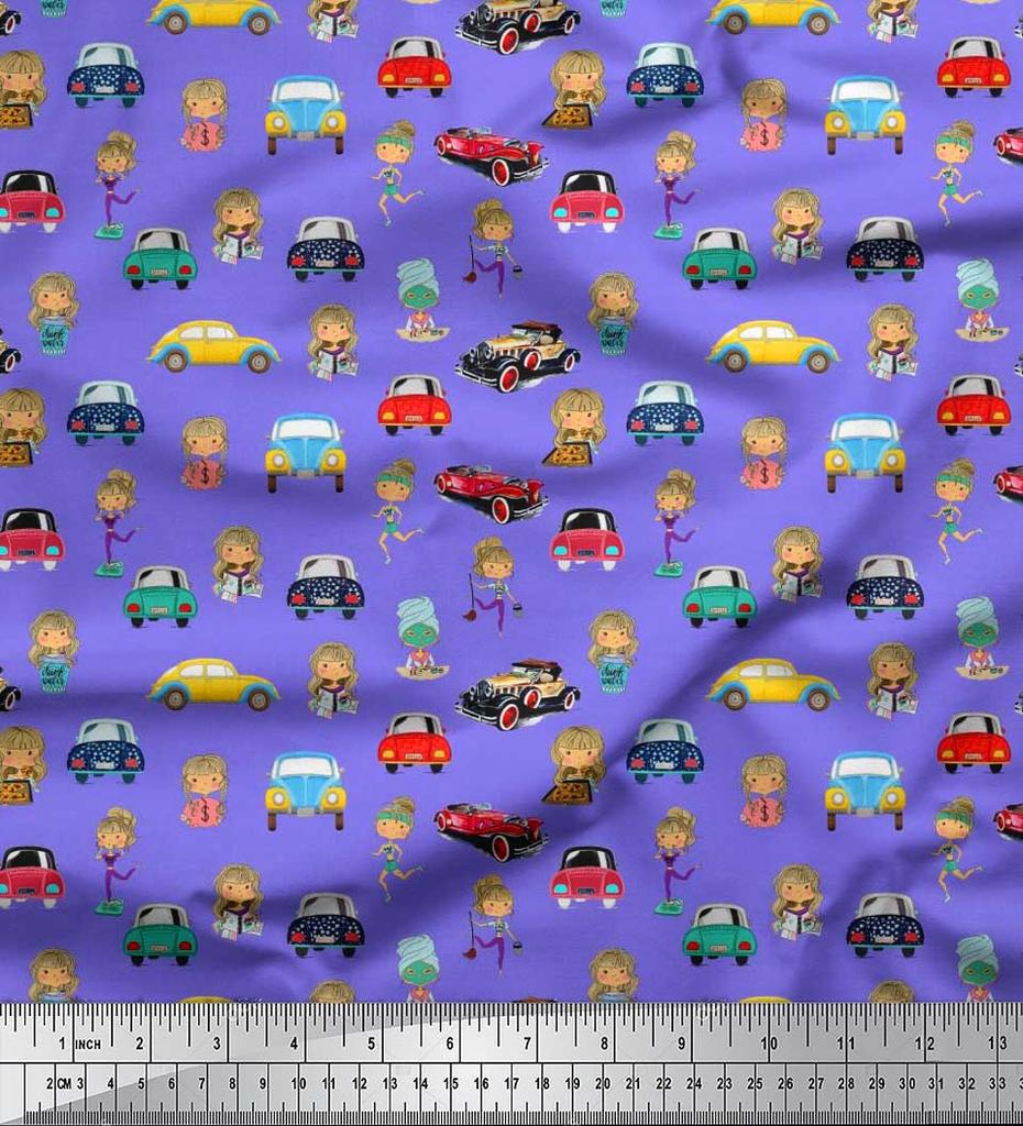 Soimoi Japan Crepe Satin Fabric Cartoon Girl & Car Transport Print Fabric by the Metre 42 Inch