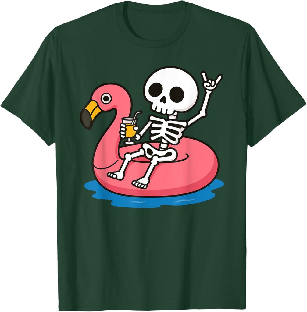 Skelett schwimmt auf Flamingo aufblasbarem Ring Sommerurlaub Grafik T-Shirt Lässiges Kurzarm Rundhals T-Shirt