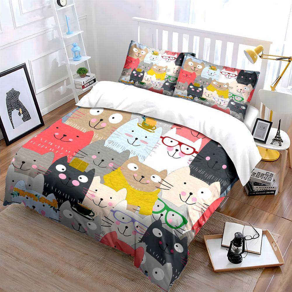 Colorful Cartoon Cats Print Bedding Duvet Cover Set (1*Duvet Cover 2*Pillowcases, without duvet insert)