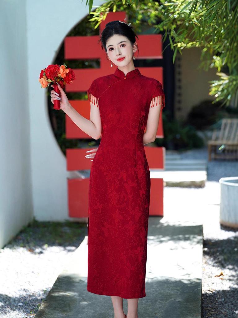 Lace Jacquard Crescent Sleeve Long Cheongsam Dress - 2025 New Style for Mother’s Wedding Banquet