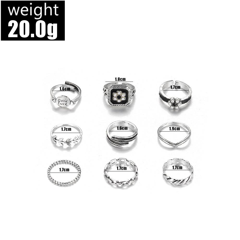 Retro Personality Point Small Pearl English Good Luck Feather Chain Hollow Opening 9 Pieces Set Ring