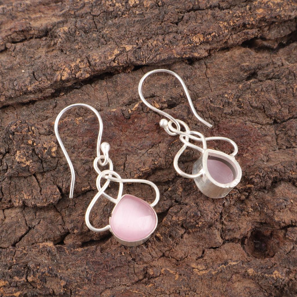Pink Cat's Eye Gemstone 925 Sterling Silver Jewelry Handcrafted Earrings 1.50" EE-2-42