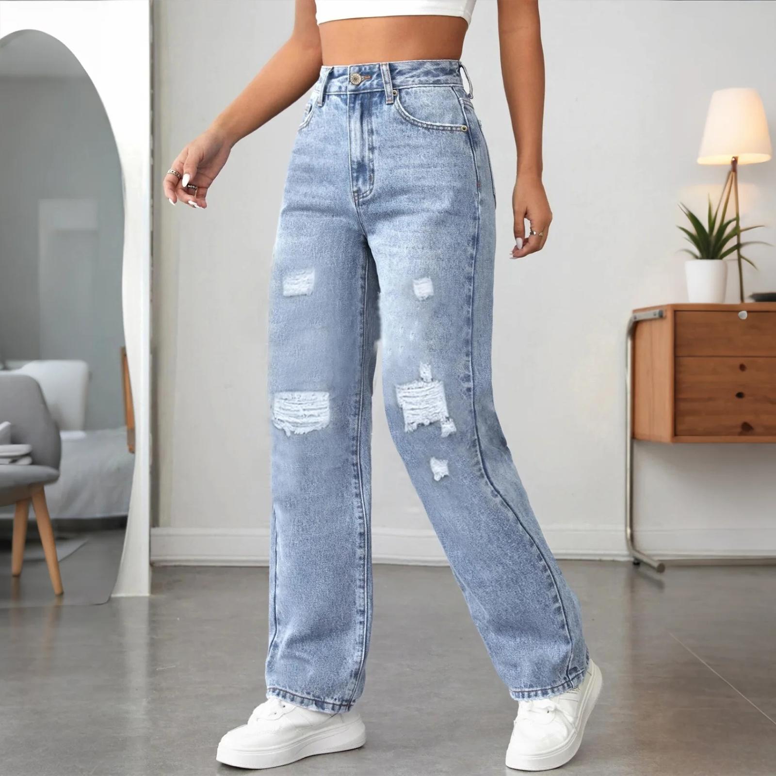 

Женские потертые женские джинсы с высокой талией Модные универсальные прямые брюки L синий