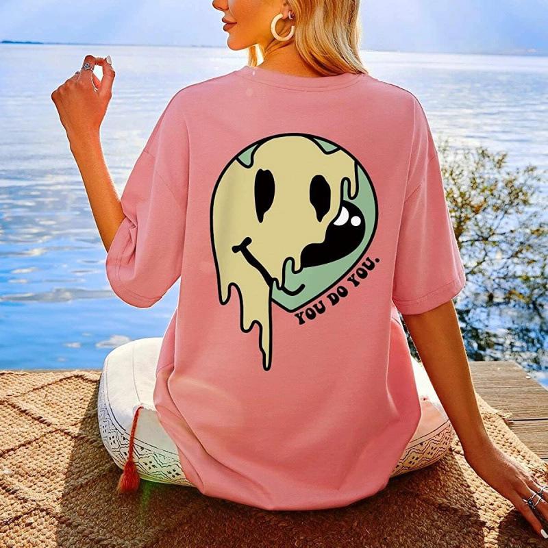 Damska Letnia Koszulka z Nadrukiem Uśmiechniętej Twarzy - Modny Top z Krótkim Rękawem