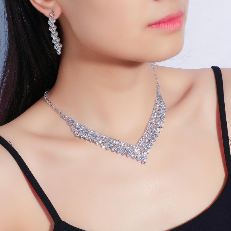 V-Shaped Luxury Diamond Clavicle Necklace Earrings Set Wedding Party Dress Bling Jewelry Accessory for Girls