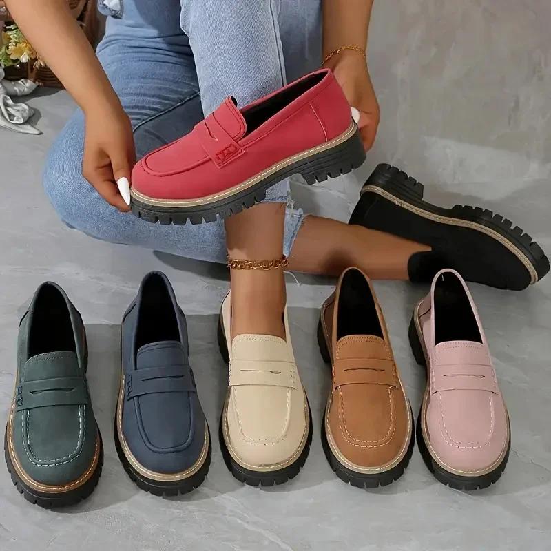 Fashion Woman Spring Autumn New British Style Flats Comfortable Low Heel Slip on Shoes Ladies Solid Color Platform Loafers Shoes