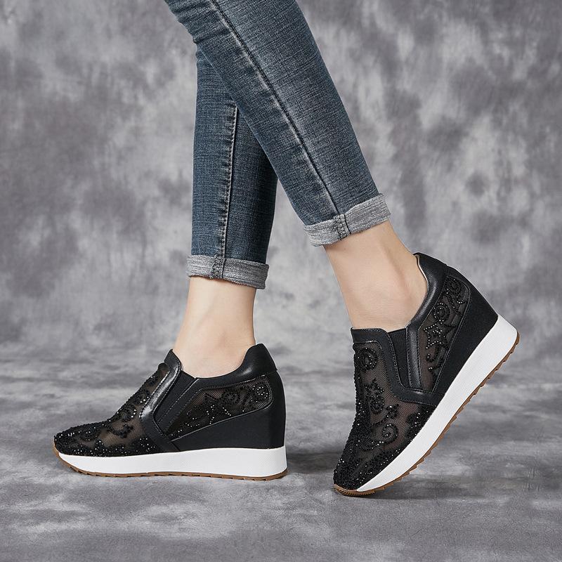 Fashion 8cm Air Mesh Thick Heel Embroider Lace Platform Wedge Bling ZIP Breathable Rhinestone Summer Hollow Women Fashion Shoes