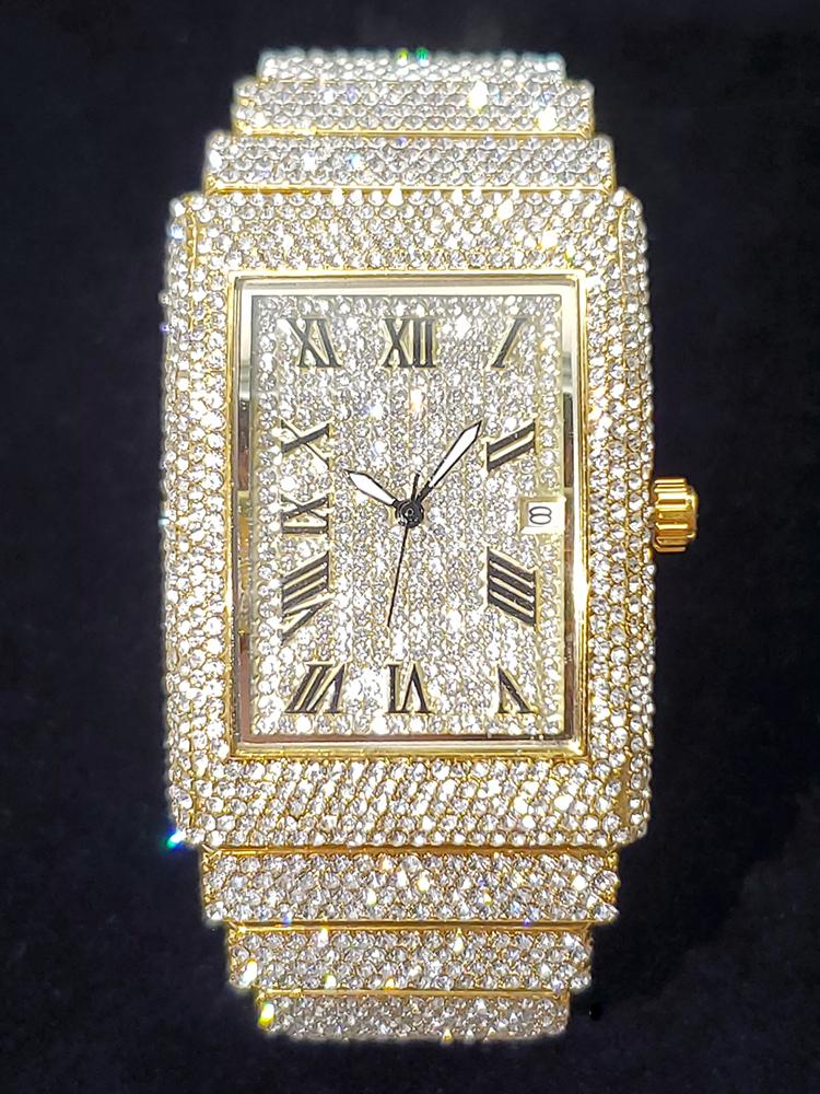 FQU3 Gold Men's Watches Rectangle Dial Luxury Diamond Fashion Big Wristwatches Luminous Point Iced Quartz Watch For Men Dropshipping
