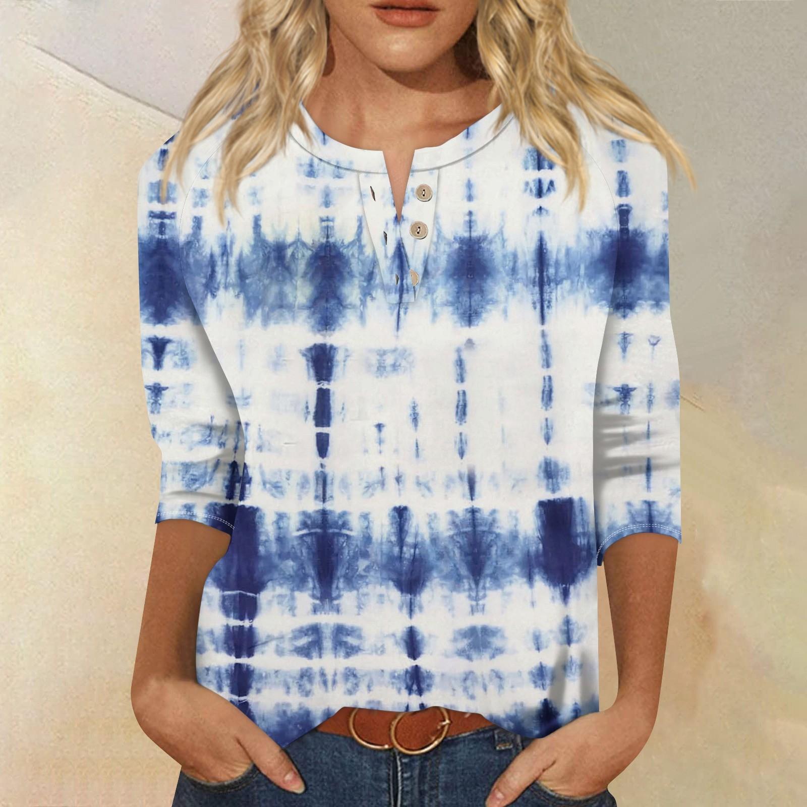 

Женская модная футболка, повседневная футболка с v-образным вырезом и пуговицами до плеч, рукав семь четвертей, топ S белый