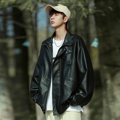 Autumn New Leather Jacket Men's Hong Kong Style Loose Casual Sports Jacket Solid Color Lapel Top Men's Trend