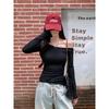 Threaded Early Autumn Sweet Spice Girl Slant Shoulder Long Sleeve T-Shirt Solid Color Slim Skinny Versatile Sexy Off-Shoulder Top, Female