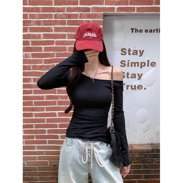 Threaded Early Autumn Sweet Spice Girl Slant Shoulder Long Sleeve T-Shirt Solid Color Slim Skinny Versatile Sexy Off-Shoulder Top, Female