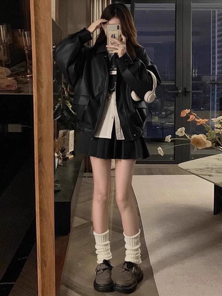 Autumn Korean Style Women's Brown Leather Motorcycle Jacket - 2025 New Spicy Cool Long Sleeve Loose Fit
