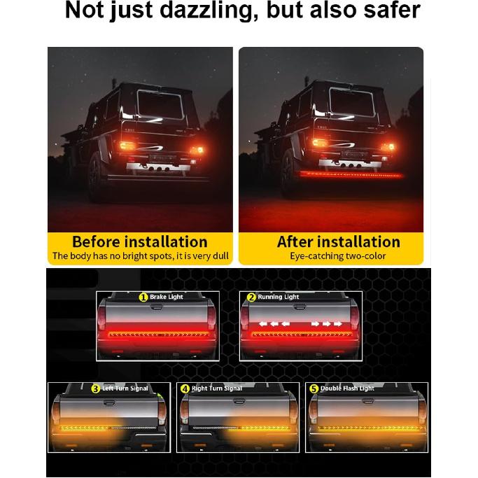 TOPKU LED Pickup Truck Tail Light Strip,Truck Tailgate Dynamic Light Bar, 60" Flexible Flowing drl Strip Bar with Red Brake Amber Turning Signals