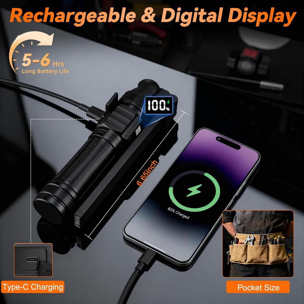 2Pack Magnetic Rechargeable LED Work Light/Flashlight for Mechanics | All Aluminum, 1500 High Lumens, Digital Display, 7 Modes, 360° Rotation, for