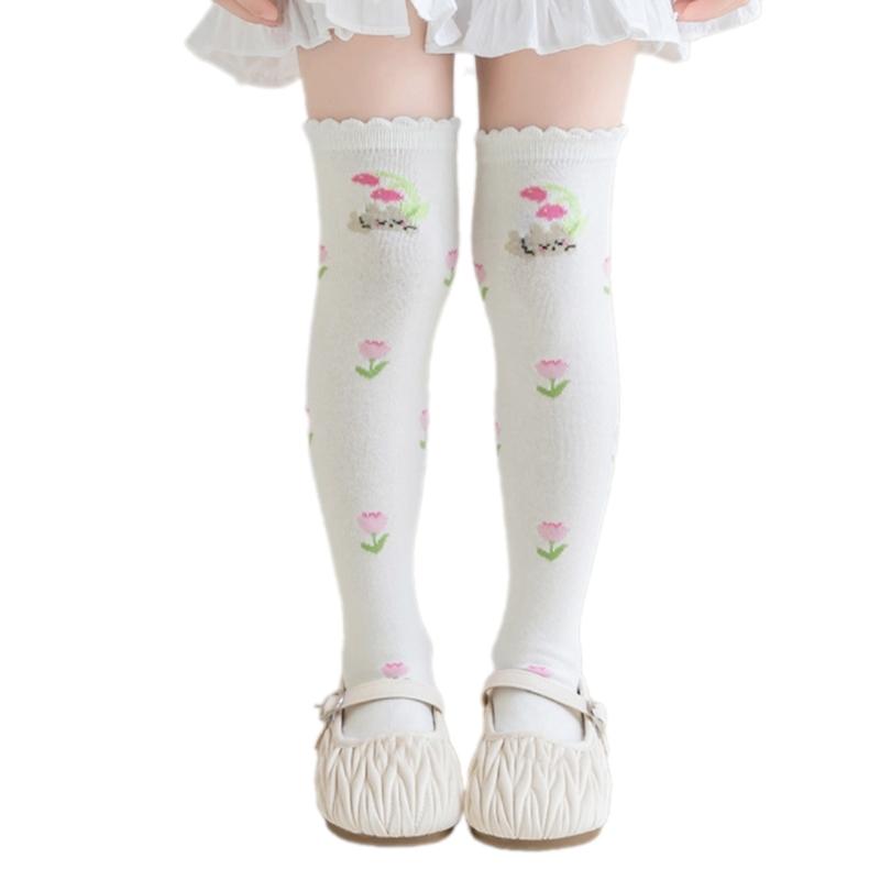 Children's Knee Length Cotton Socks Baby Girls Long Tube Socks Soft Stockings Flower Pattern for School Uniforms