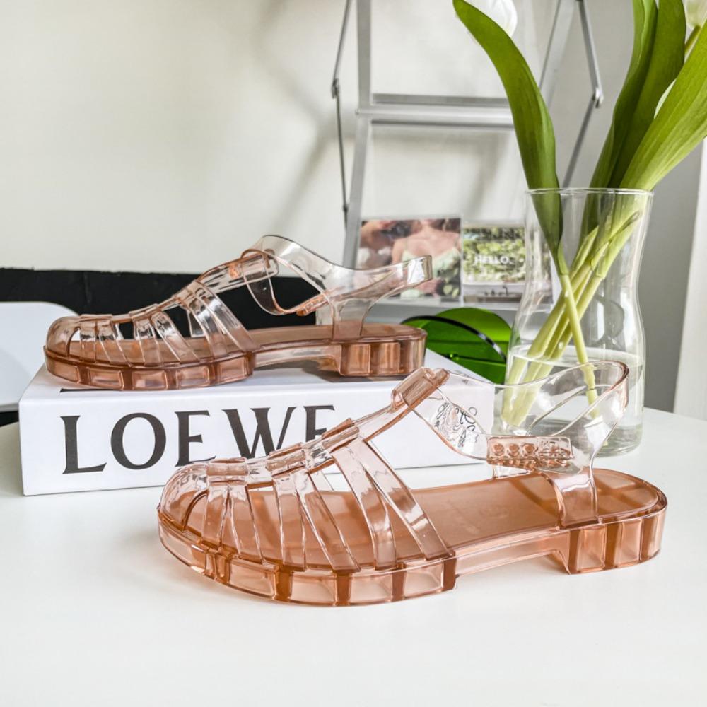 Sandali Trasparenti Estivi Baotou Romani Sandali da Donna Retrò Fondo Basso Cristallo Scarpe da Spiaggia Tacco Basso Plastica Scarpe Jelly