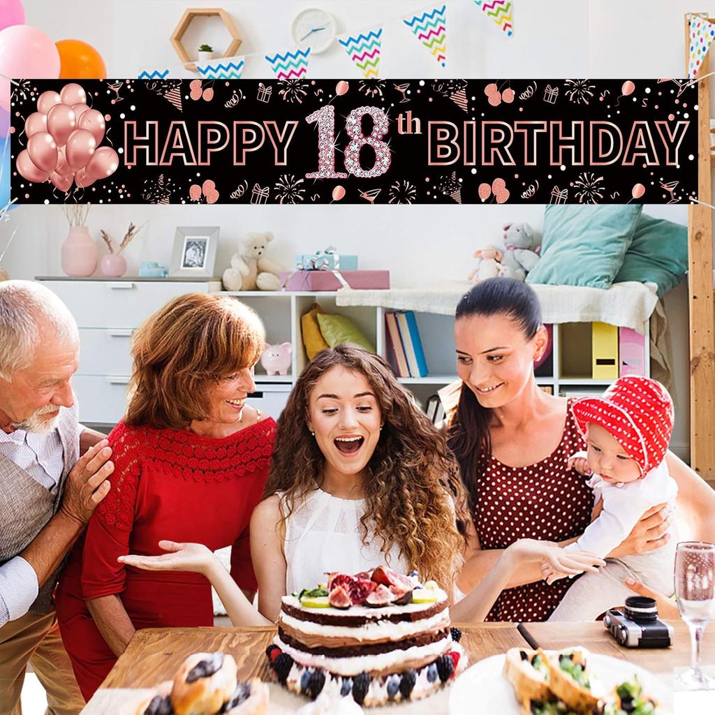 Pimvimcim 18th Birthday Decorations for Girls, Happy 18th Birthday Banner Rose Gold and Black 18 Year Old Birthday Decorations Party Supplies