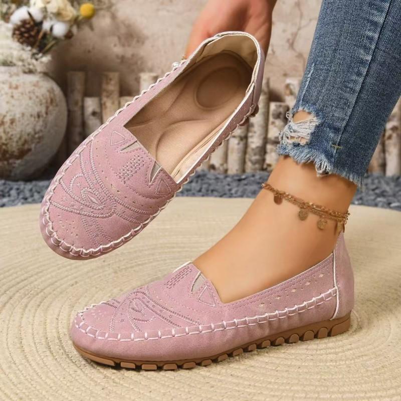 Womens Flat Loafer Slip-On Shoes With Embroidery Breathable PU Upper Comfortable Rubber Sole Casual