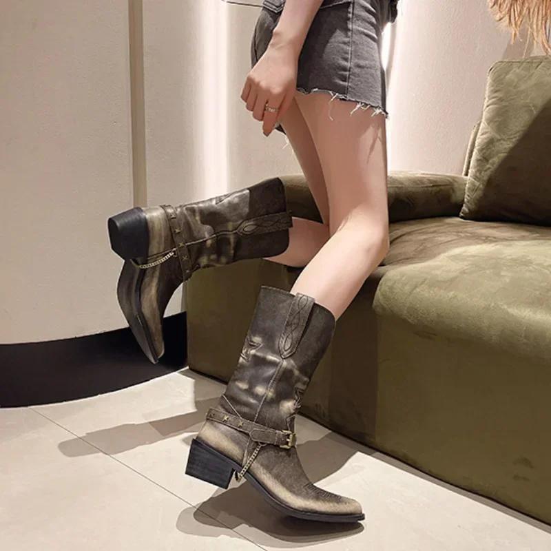 Fashion Women's Retro Cowboy Mid Calf Boots Cowboy Square Heels Pointed Toe Platform Women Chunky Heels Western Pointed Toe Metal Botas