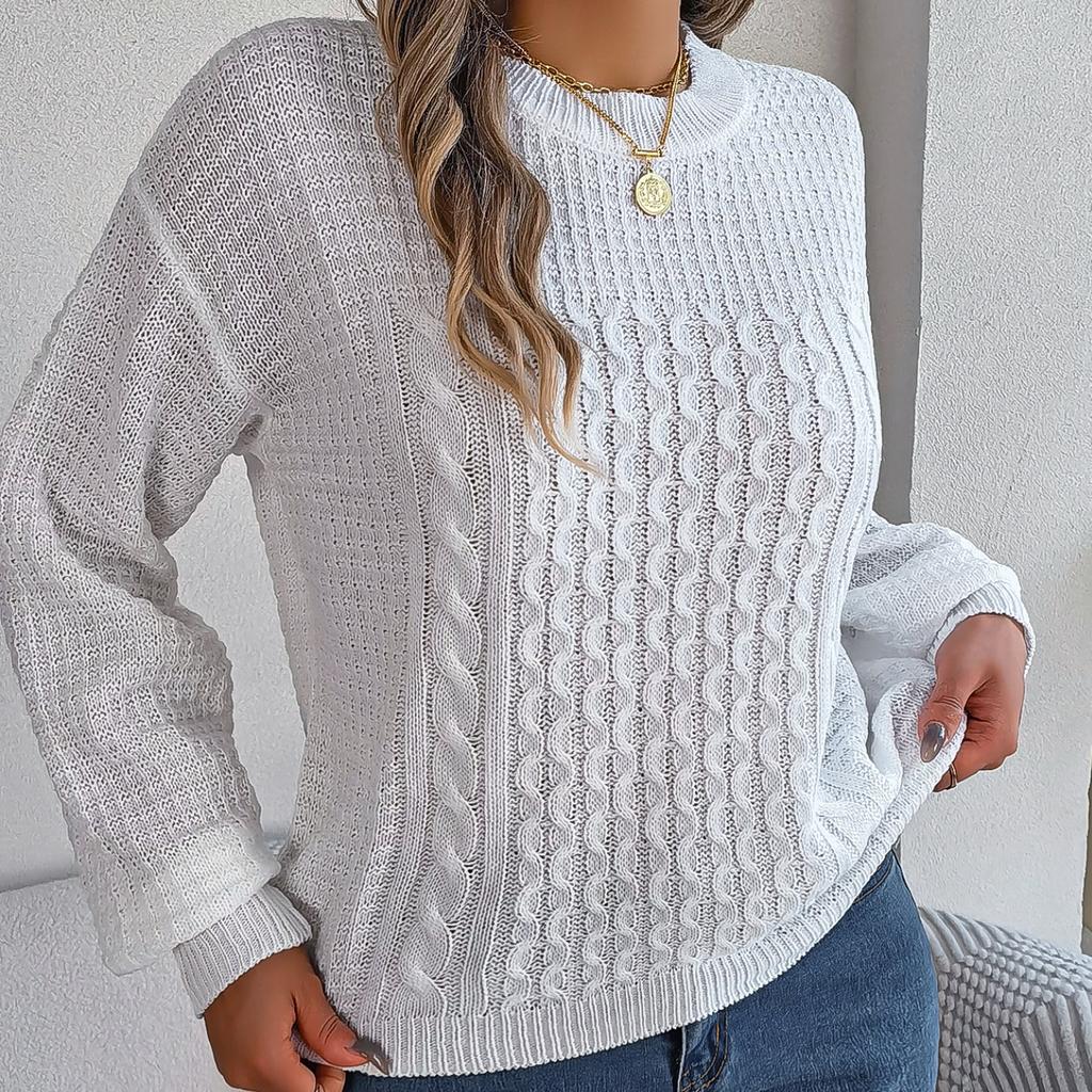 GMXIA Women's Fashion Casual Solid Color Autumn Winter Long Sleeve Round Neck Loose Twist Lantern Sleeve Pullover Sweater