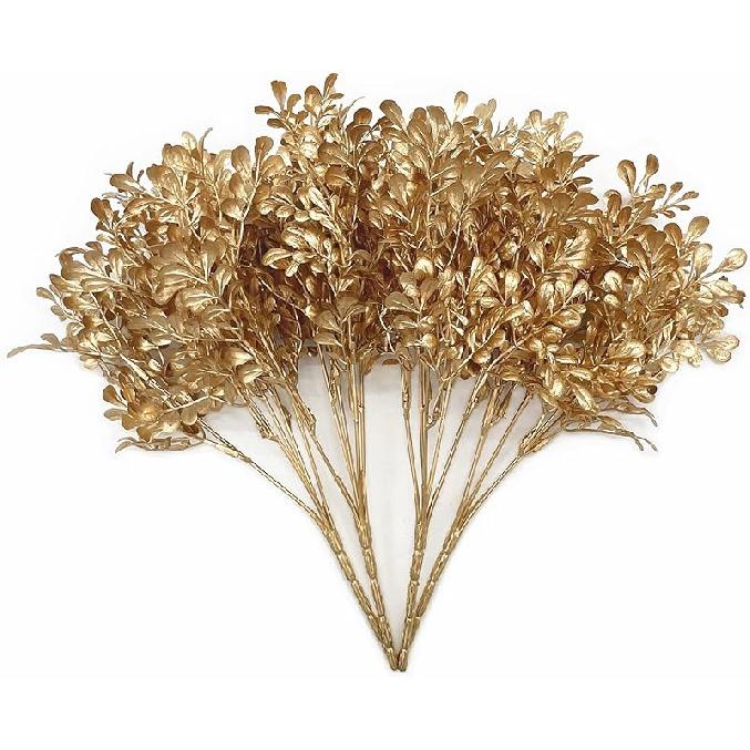 PASYOU Fake Leaves Plants for Christmas Decor, Gold Artificial Shrubs Grass Foliage Plastic Bulk Leaf Indoor Outdoor Home Garden Party Hotel Verandah