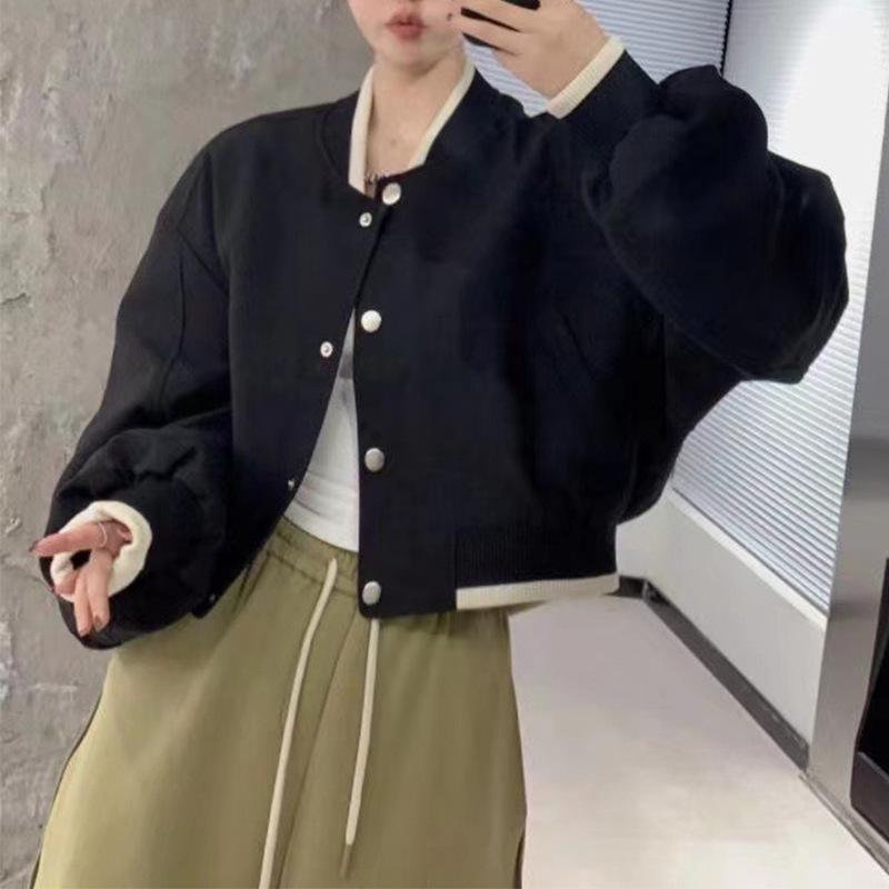 

Жіноча весняно-осіння однотонна коротка бейсбольна куртка великого розміру з талією XL чорний