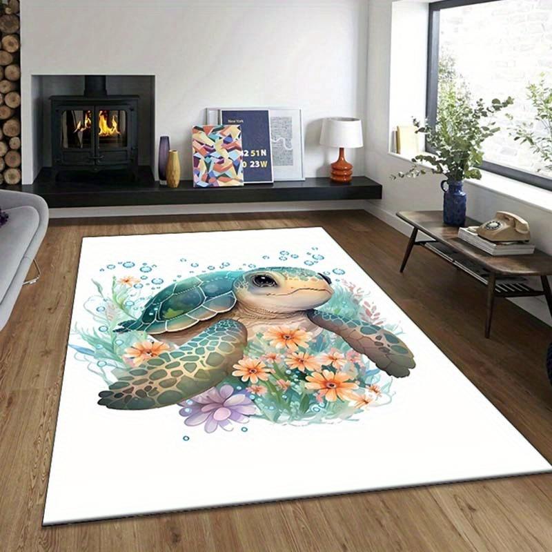 Crystal Velvet Area Rug Featuring Sea Turtle Prints, Suitable for Bedroom And Living Room Decor, Non-Slip Mat for Bedside Use.