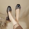 Square head bow rhinestone color matching high heels thick heel not tired feet 2025 new French soft leather light mouth single shoes