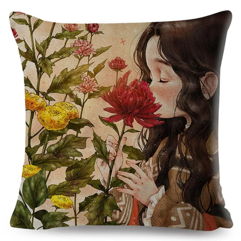 Colorful Cute Cartoon Girl and Pet Dog Fairy Tale World Pillowcase Decor for Sofa Home Pillow Case Polyester Cushion Cover