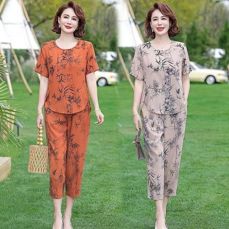 Ice silk cool feeling middle-aged and elderly mother nine-point wide-leg pants thin sports suit summer women's short sleeves