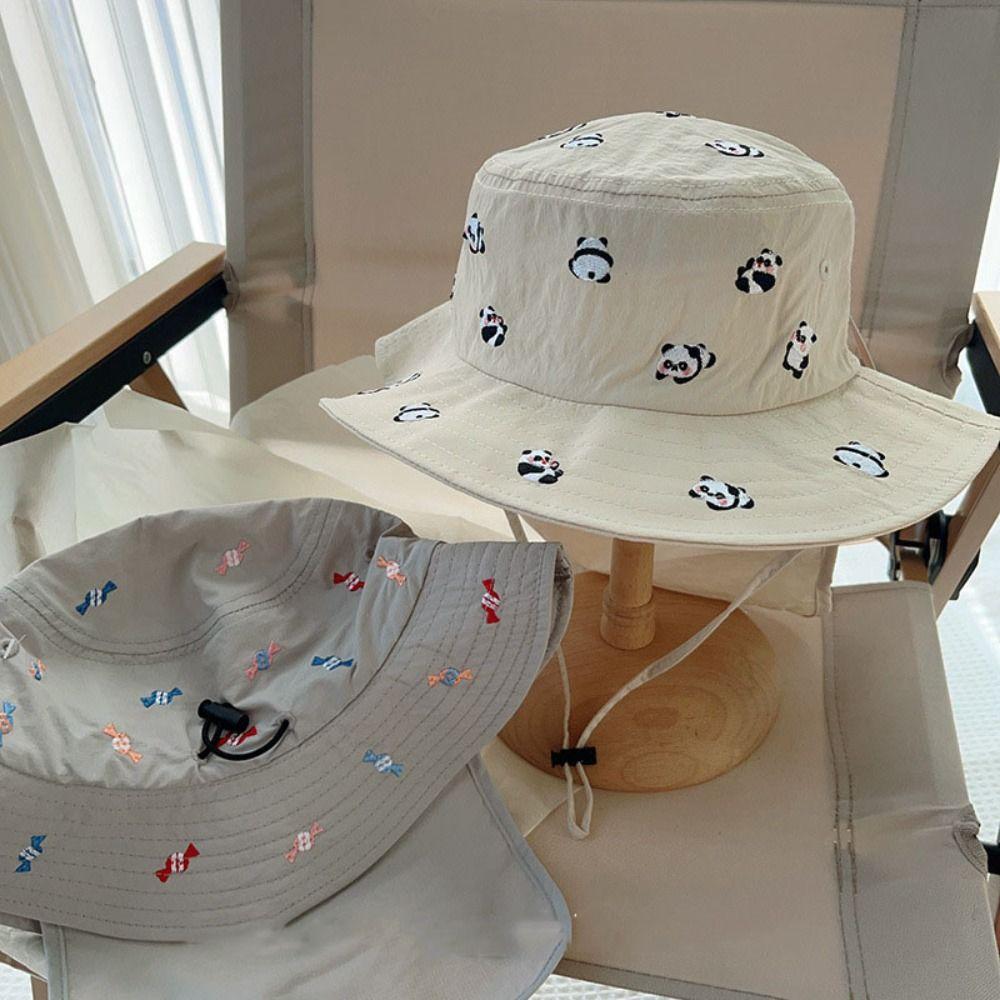 Soft Cartoon Embroidery Children Panama Cap Neck Protection Quick-Dry Baby Sun Hat Sunscreen Wide Brim Bucket Hat Beach