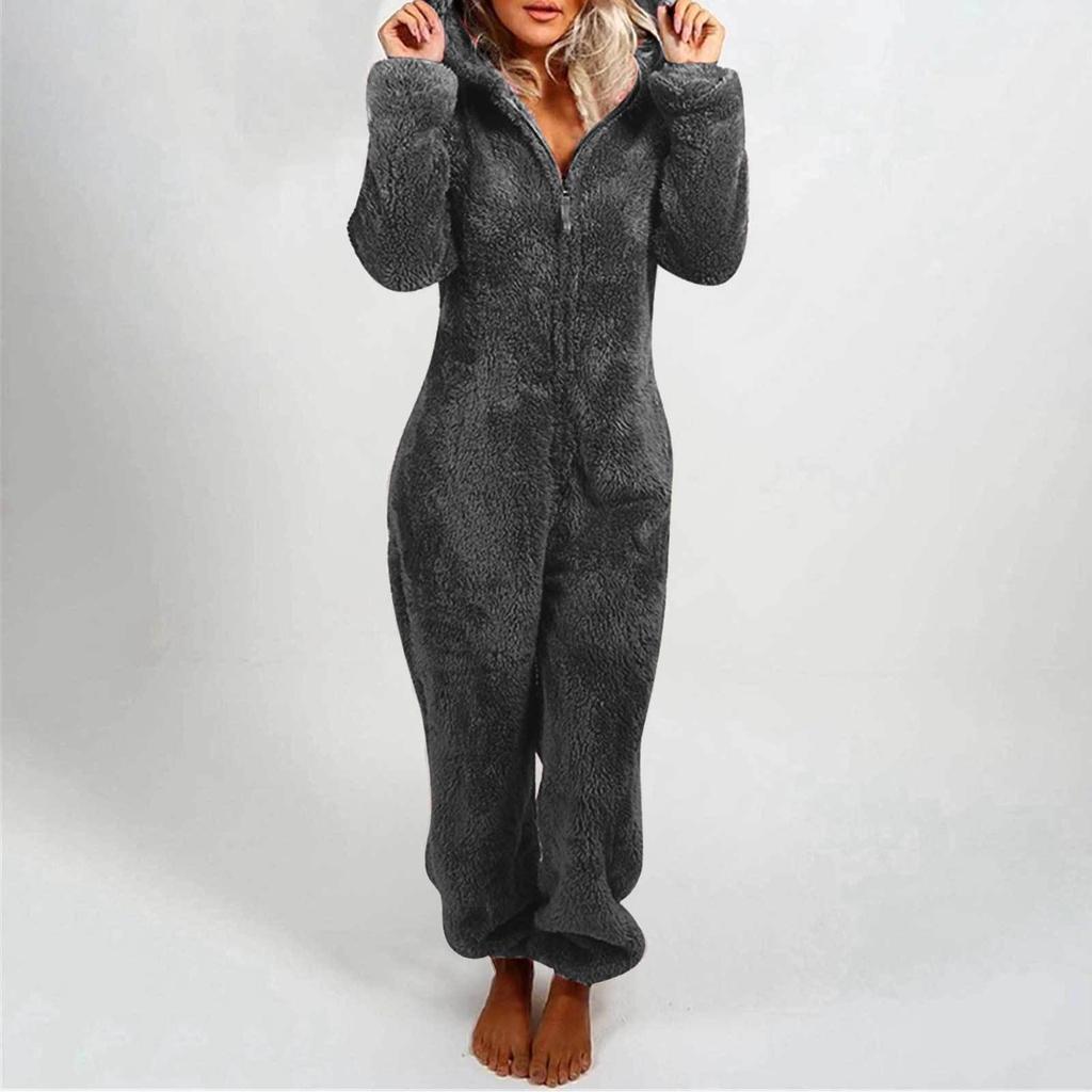 2024 Trendy European/American Fleece-Lined Hooded Jumpsuit Pajamas for Women - 22 Colors Available