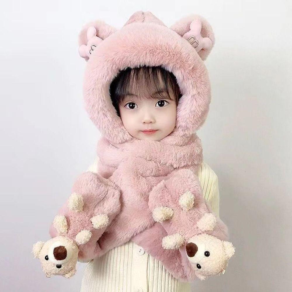Winter Thick Hats Scarf Gloves Set With Long Scarf Warm Winter Plush Hooded Windproof Fluffy 3-in-1 Soft Hat Toddler