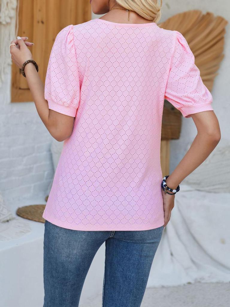 2024 Spring/Summer Women's U-neck Loose Casual T-shirt with Bubble Sleeves