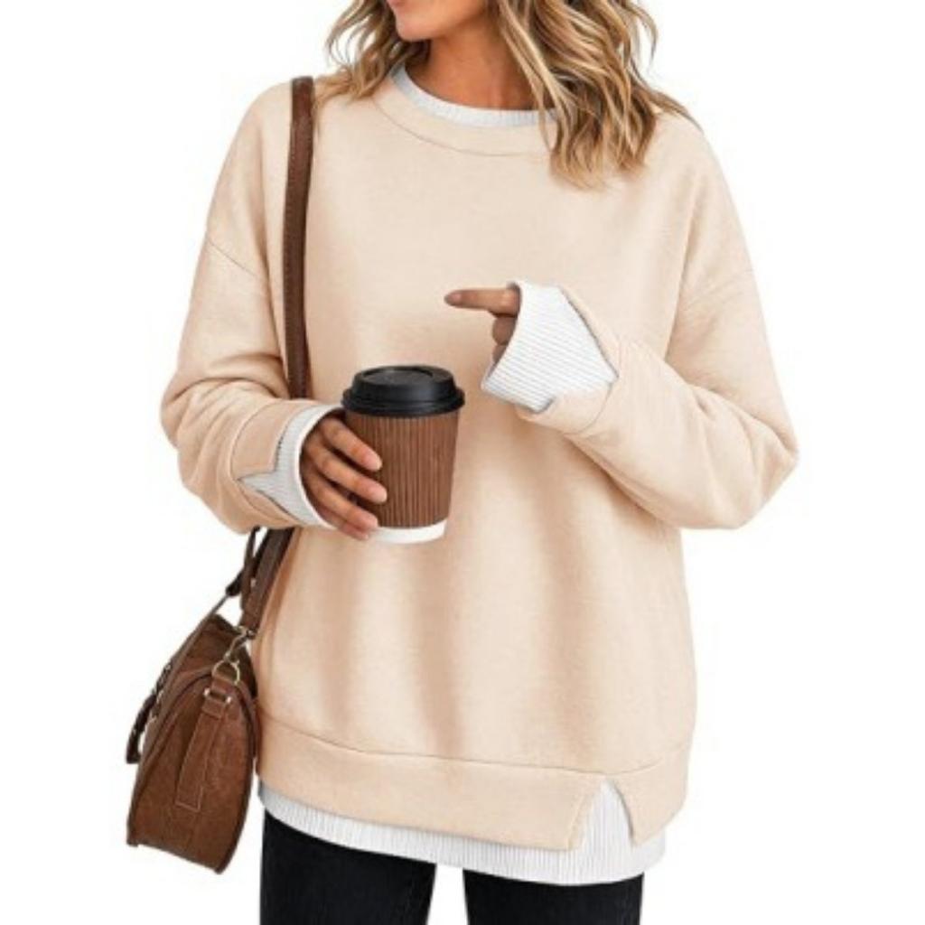 New Women's Loose Crew Neck Fake Two-piece Hoodie, Casual Long Sleeve Patchwork Cuff Pullover Top for Europe America Crossborder