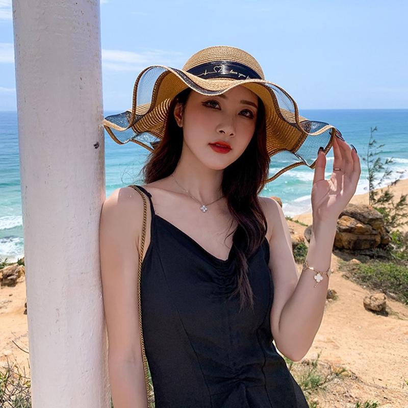Fashion Flat-Topped Straw Hats Girls Wide Brim Sun Hat Outdoor Lace Bow Strap Lightweight Uv Protection Beach Cap