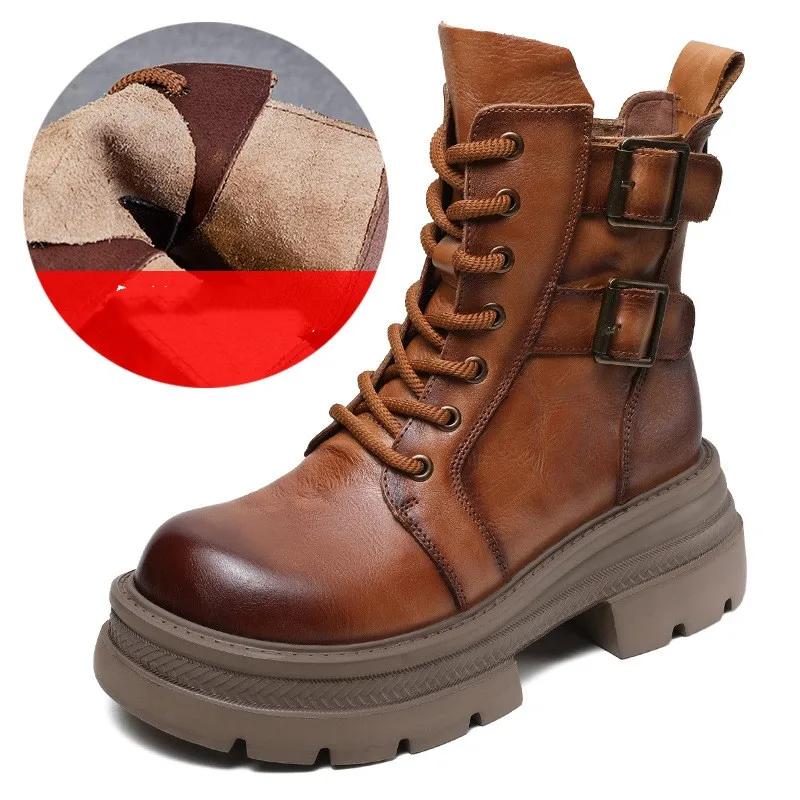 

Модные женские полусапоги 6 см 2024 Осень Зима Качество Натуральная кожа Толстый высокий каблук Платформа Широкий носок Шнуровка Ретро сапоги 38 жёлтый