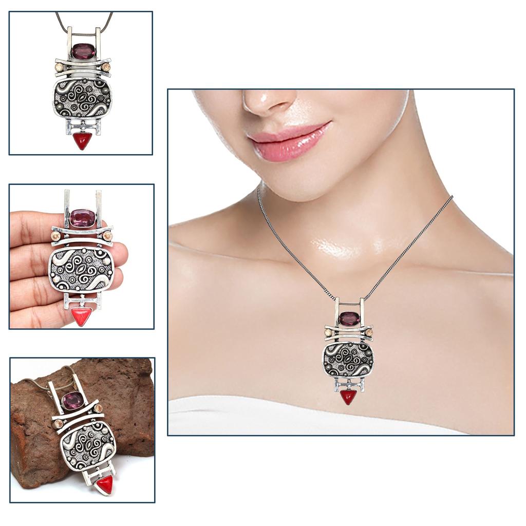 Rhodonite CoralGemstone Mother's Day Handmade Silver Jewelry Pendant  3.25"