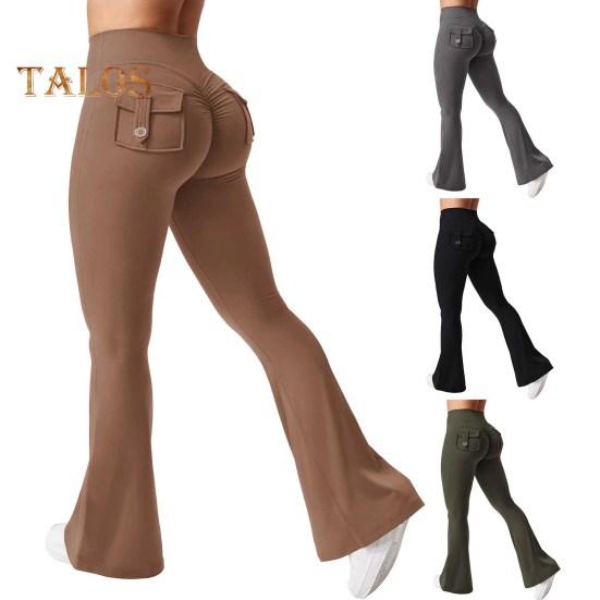 Women Yoga Pants Solid Color Slim Fit Flared Pants with Pockets Thin Elastic Cargo Style Sexy Ruched Long Pants