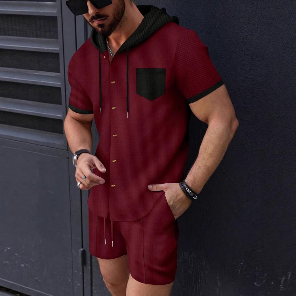 Men's Color Block Hooded Short Sleeve Cardigan Jacket and Shorts Set for Summer