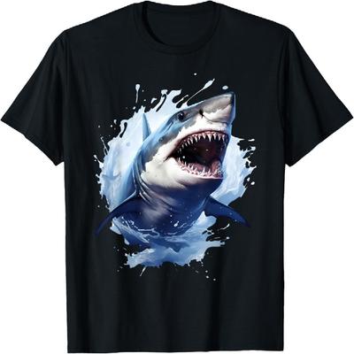 T-shirt Grand Requin Blanc Bouche Ouverte Dents Plage Animal Marin(1)