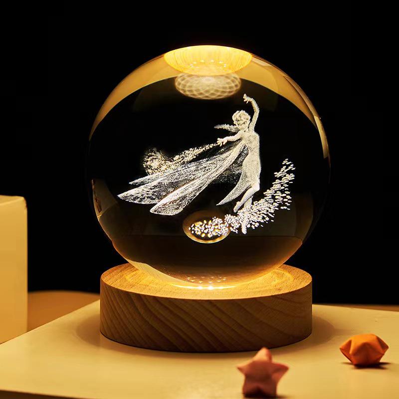 Remote Control Crystal Ball Night Light with Wooden Base – 3D Carving Luminous Glass Ornament, Perfect for Birthdays.