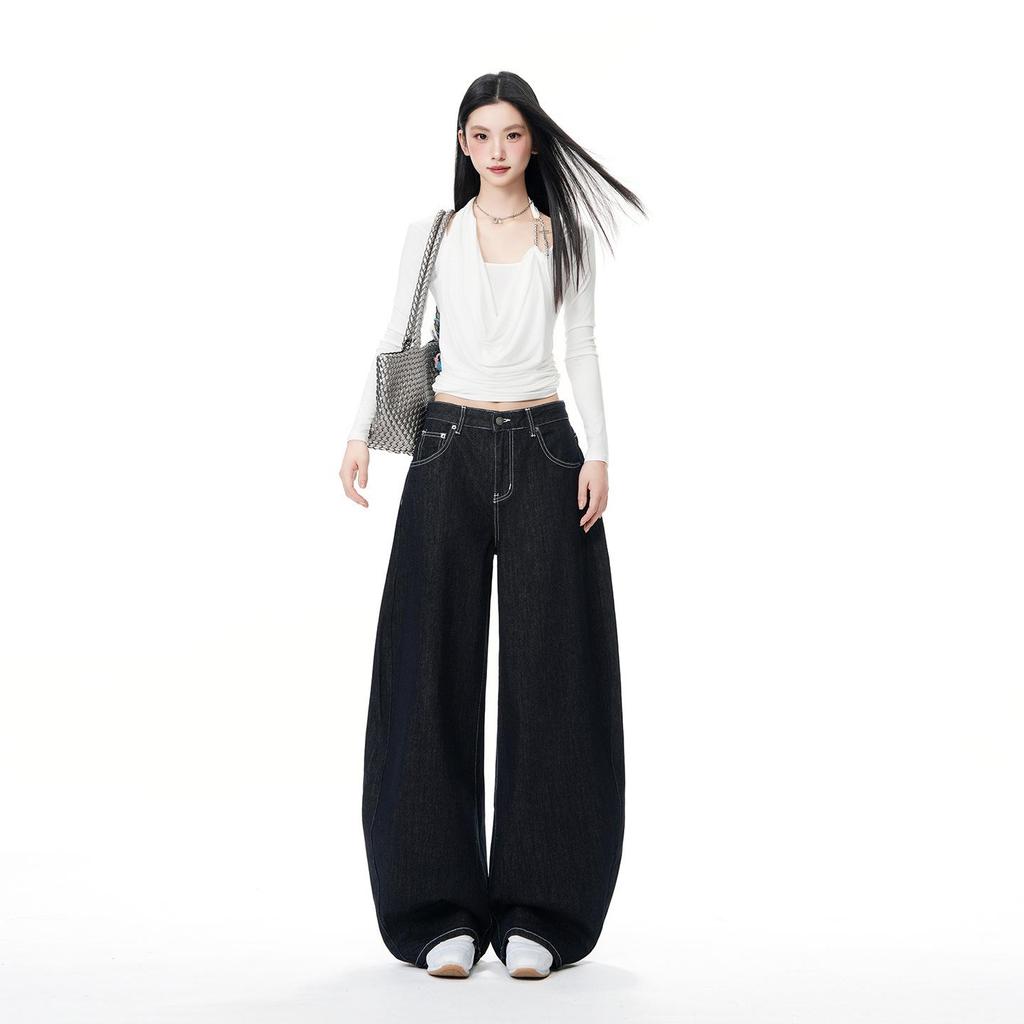 Women's Non-Sticky Wide-Leg Jeans: Spring Loose, Curved Style, Slim-Fit Pants