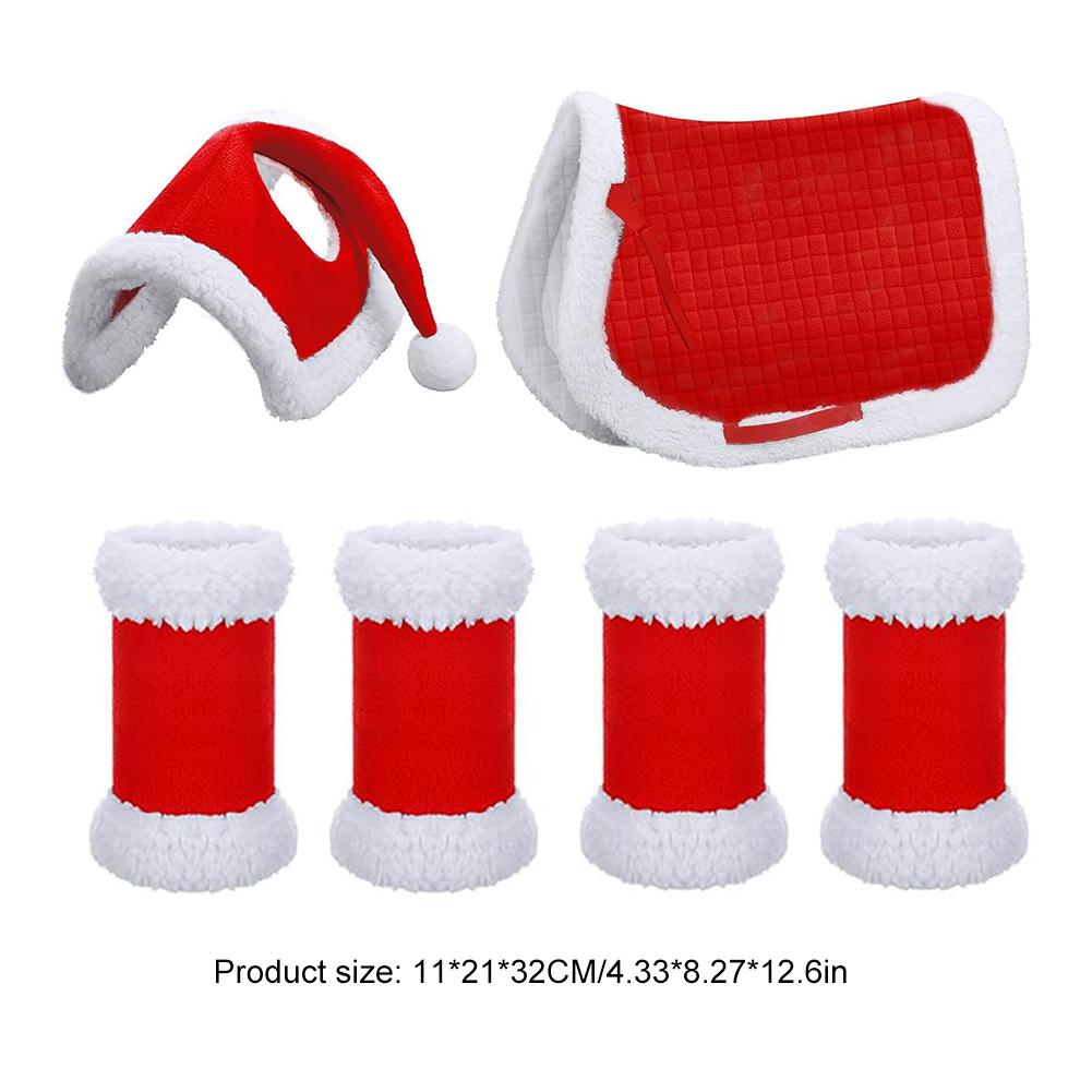 6Pcs Christmas Santa Leg Wraps Horse Hat Saddle Pad with Faux Fur Trim Santa Hat Saddle Pads Leg Wraps Multi-Purpose for Horses